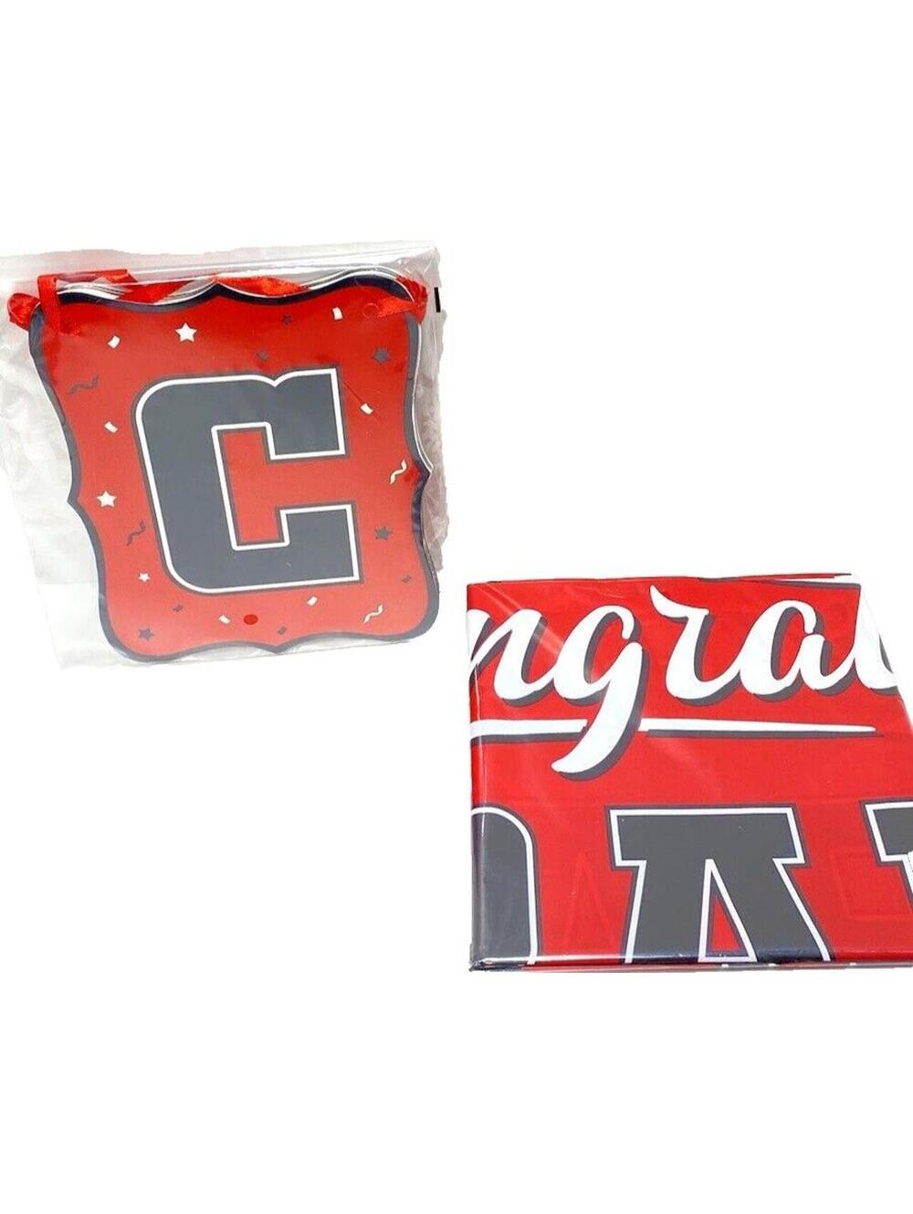 Red Graduation Party Decor Banner with Rectangular Tablecloth Congrats Grad Set - Picture 4 of 6